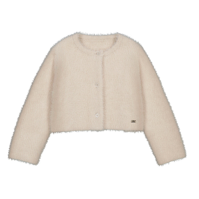 Mayoral Knit Faux Fur Cardigan - Sand
