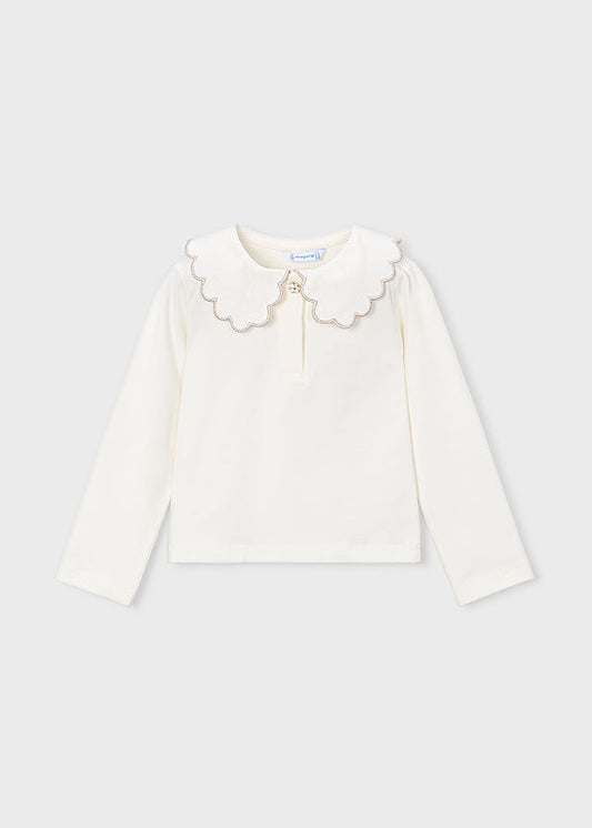 Mayoral Scalloped Collar Polo Shirt - Natural with Champange Trim