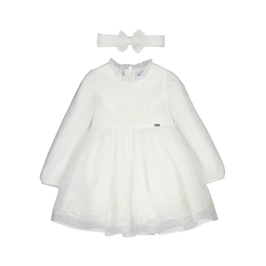 Mayoral Tulle Embroidered Dress with Hairband - Natural