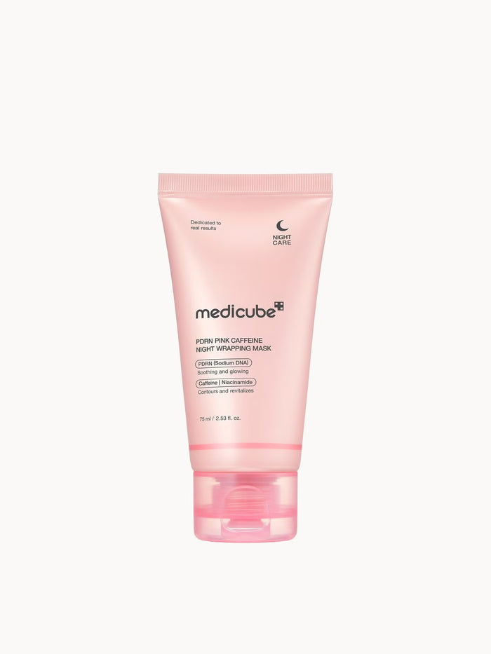 Medicube PDRN Pink Caffeine Night Wrapping Mask in a 75ml jar, designed for skin care, with pink packaging and a smooth texture
