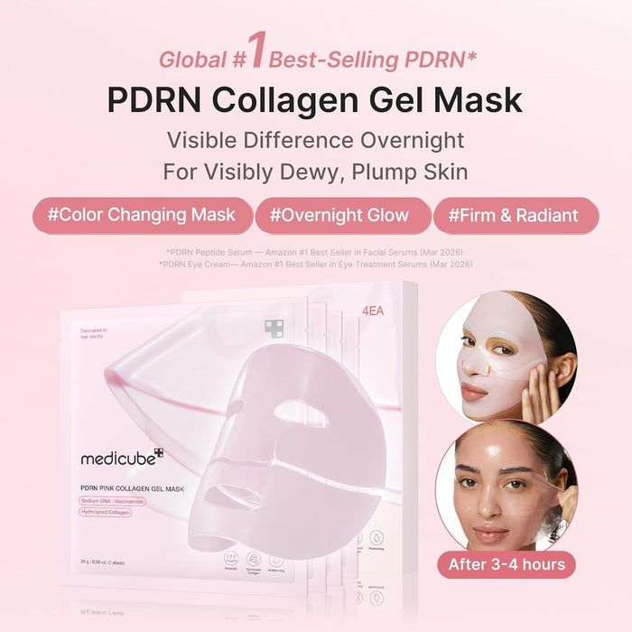 Medicube PDRN Pink Collagen Gel Mask for skin care, showing the pink gel mask in a jar with applicator tools.