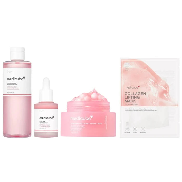 Medicube PDRN Pink Glass Skin Routine skincare set with serum and moisturizer in sleek pink packaging, designed for glowing, radiant skin.