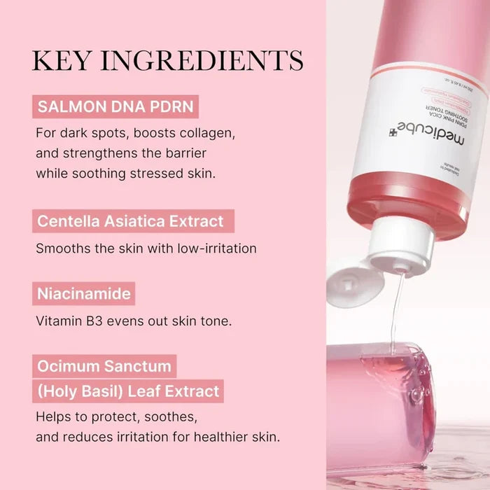 Medicube PDRN Pink Glass Skin Routine skincare set with bottles and jars for glowing, smooth skin in a modern skincare display.