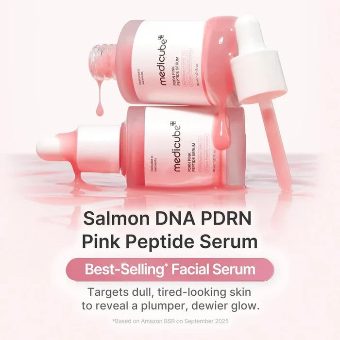 Medicube PDRN Pink Glass Skin Routine skincare products with serum and moisturizer for a radiant, glowing complexion