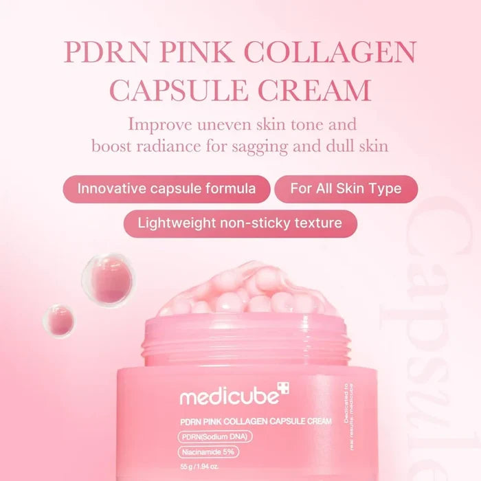 Medicube PDRN Pink Glass Skin Routine skincare products, including serum and moisturizer, displayed in a clean, minimalist setup.