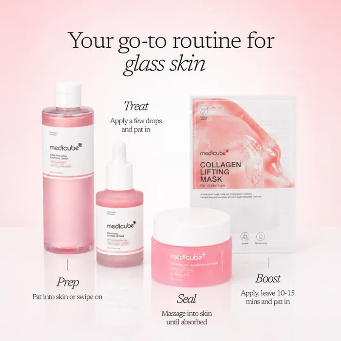 Medicube PDRN Pink Glass Skin Routine featuring skincare products with pink glass bottles and jars for a luminous, radiant complexion.