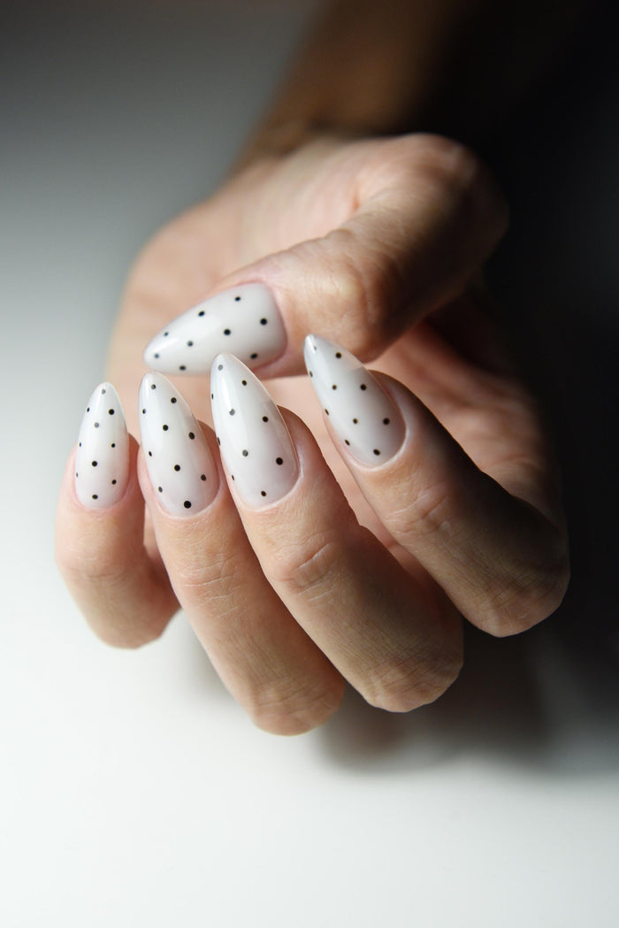 Milky Polka Dot Press-On Nails – Black Micro Dots
