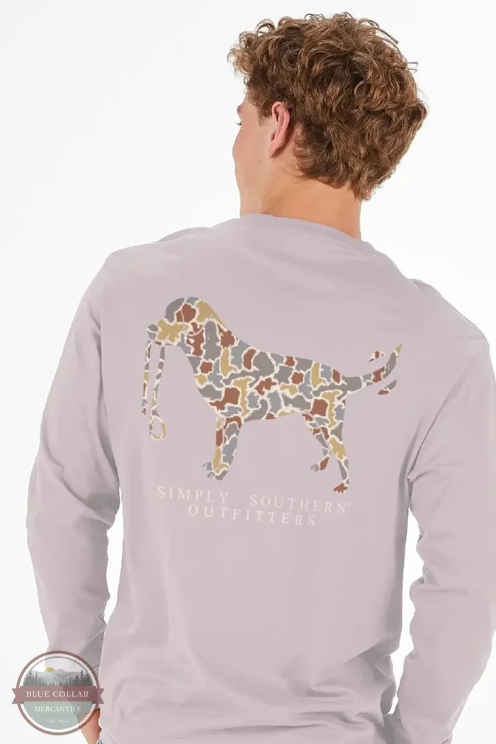 Simply Southern MN-LS-LOGOCAMO-DRFTWD Camo Dog Logo Long Sleeve Shirt back view on model