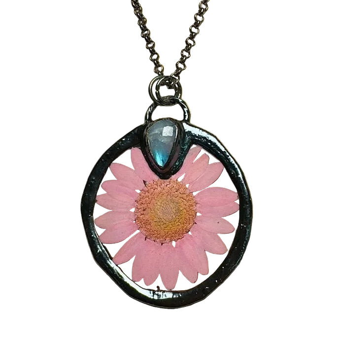 Moonstone Necklace Pink Flower Rainbow Gem