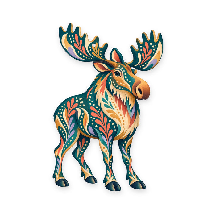 Moose folk art ornament O239 on white, laser-cut maple wood, made in USA