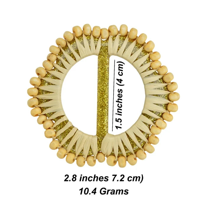Mustard Raffia Round Buckle with Wooden Beads | 2.8 inches (7.2cm)
