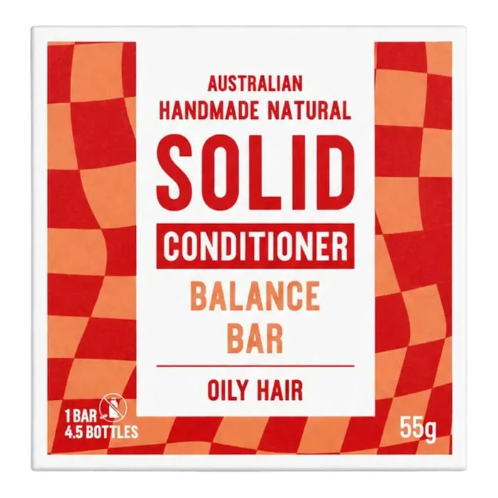 Solid Conditioner Balance Bar packaging for oily hair, featuring a white center with red and orange text, framed by red and orange checkered side panels.