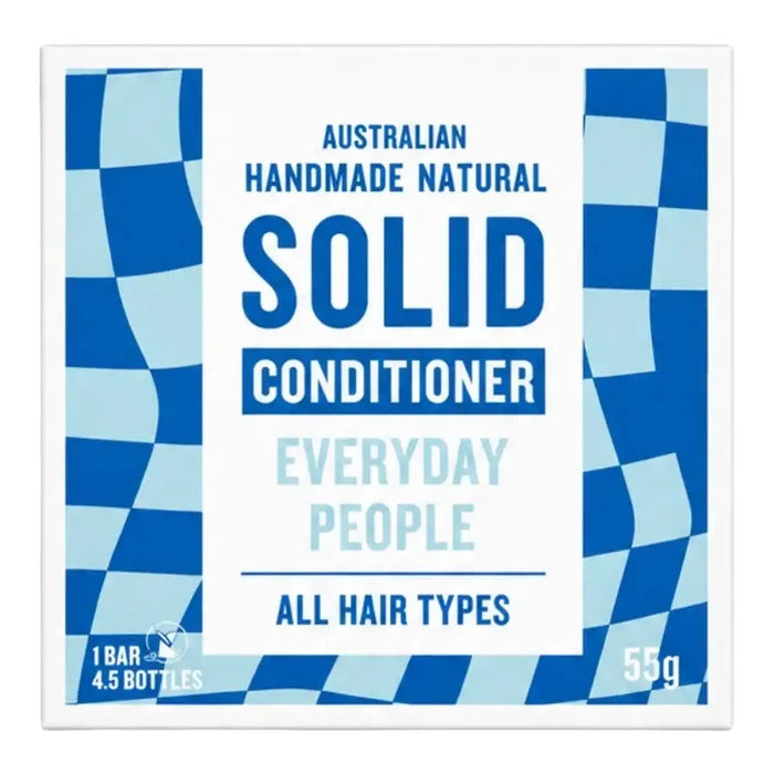 Solid Conditioner Everyday People 55g box packaging, featuring a white background with blue and light blue checkered borders and bold blue text.