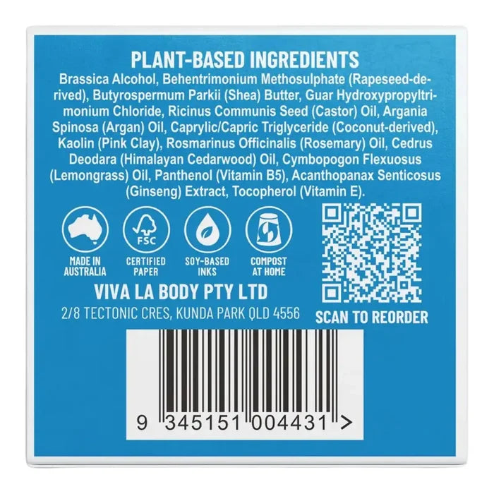 The back of Viva La Body solid conditioner box, featuring a blue background with product ingredients listed in white text, certification icons, a QR code, and a barcode.