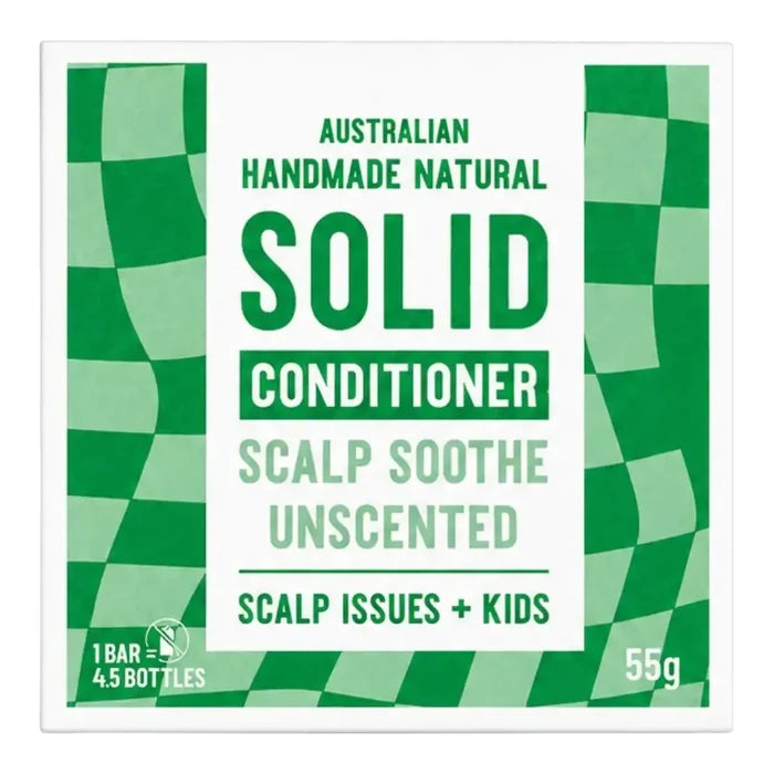 Solid Conditioner Scalp Soothe Unscented packaging, featuring a green and white checkered design with text indicating it is Australian handmade natural and suitable for scalp issues and kids.