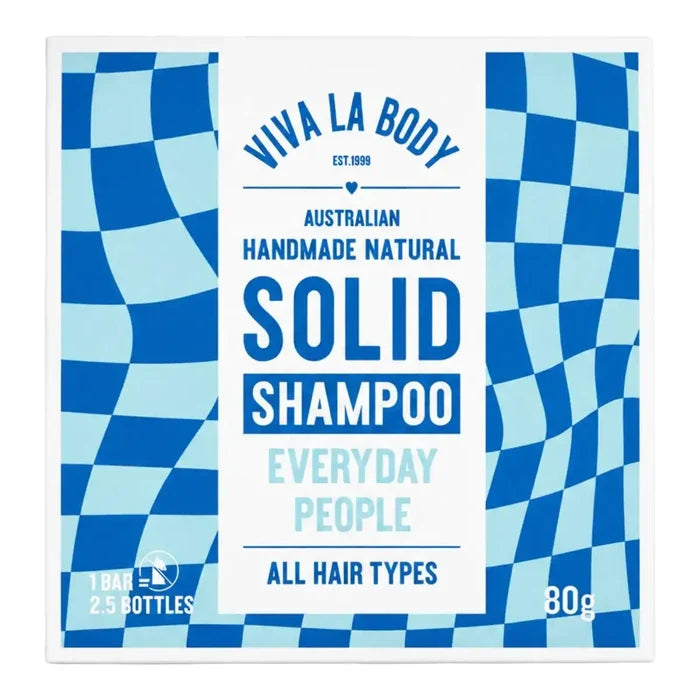 Viva La Body Australian Handmade Natural Solid Shampoo package, featuring a white central label with blue text, flanked by blue and light blue checkered patterned side panels.