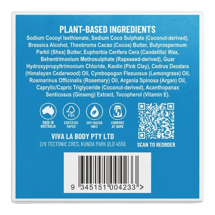 The back of a Viva La Body solid shampoo box showing a blue panel with plant-based ingredients text, certification icons, a QR code, and a barcode.