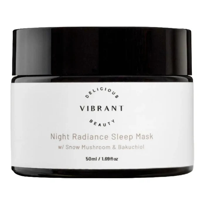 A 50ml black jar of Night Radiance Sleep Mask with a white label, shown on a plain white background.