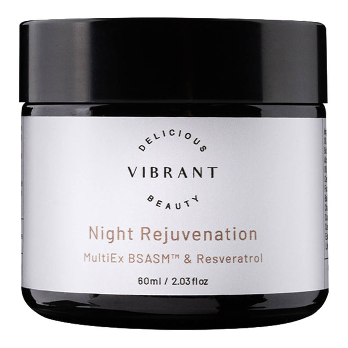 A black cosmetic jar with a white label reading 'Night Rejuvenation MultiEx BSASM & Resveratrol' on a plain white background.