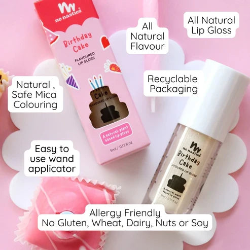 No Nasties Natural Lip Gloss - Birthday Cake - Shimmery Clear