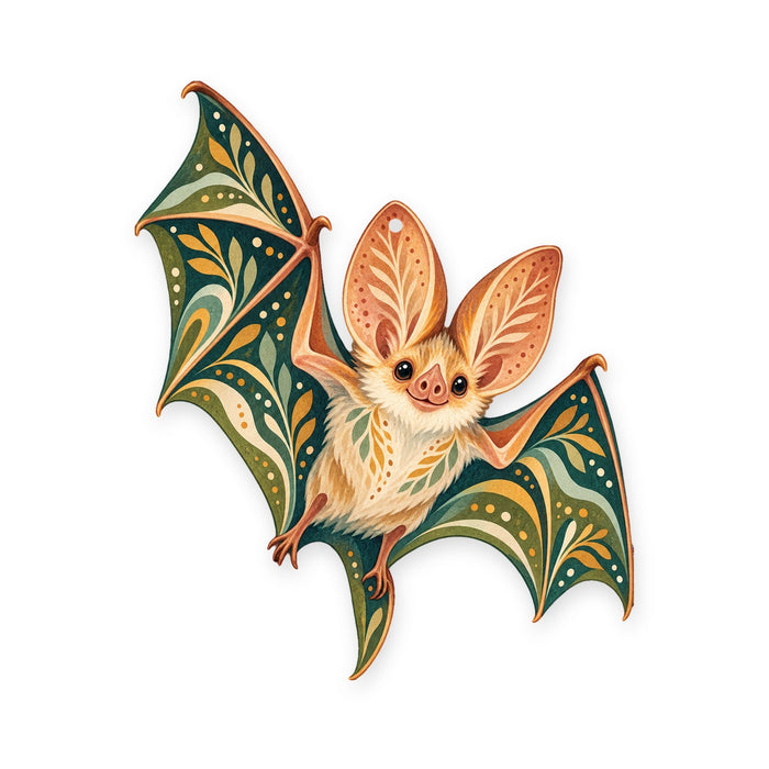 Pallid Bat folk art ornament O291 on white, laser-cut maple wood, made in USA