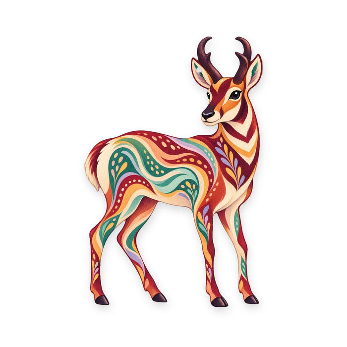 Pronghorn folk art ornament O238 on white, laser-cut maple wood, made in USA