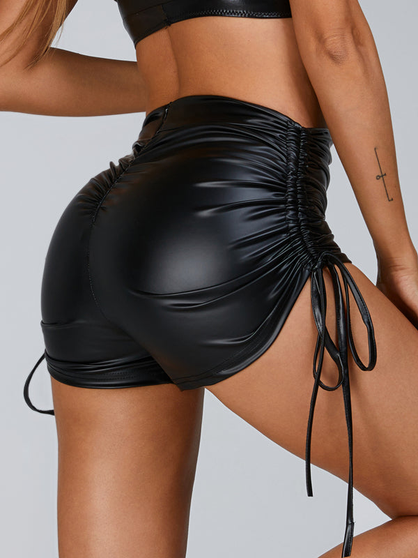 PU Faux Leather Folds Drawstring Spandex Gym Booty Shorts