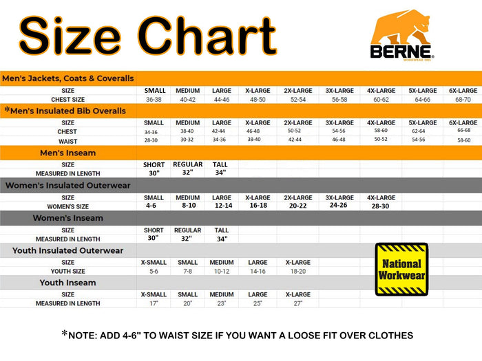 Berne P966BB Quilt Lined Sanded Duck Pant Size Chart