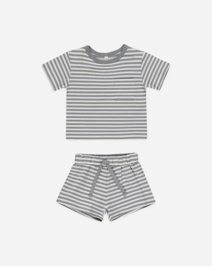 Quincy Mae Pocket Tee & Short Set - Blue Stripe