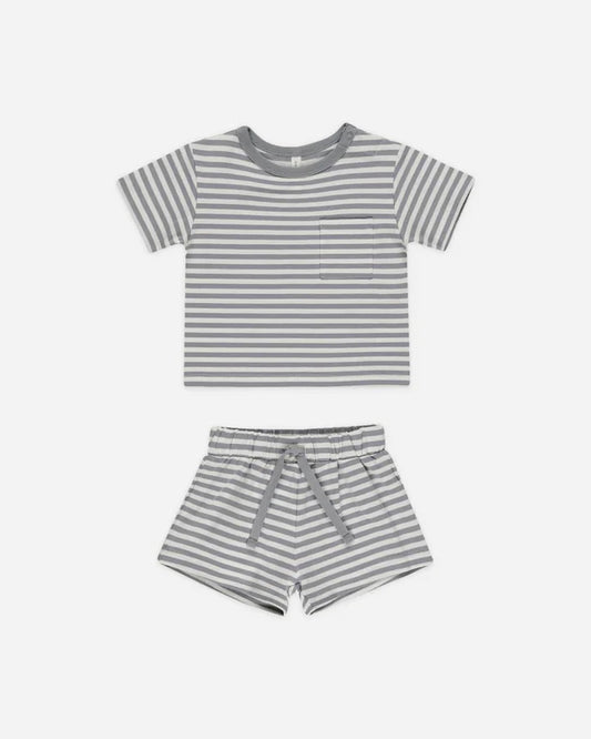 Quincy Mae Pocket Tee & Short Set - Blue Stripe