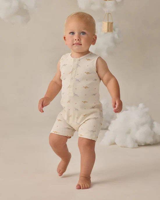 Quincy Mae Ribbed Henley Romper - Dinos