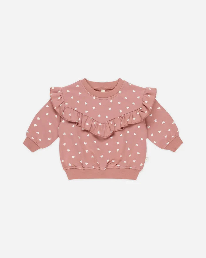 Quincy Mae Ruffle Sweatshirt - Lipstick Hearts
