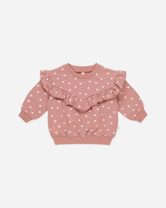 Quincy Mae Ruffle Sweatshirt - Lipstick Hearts