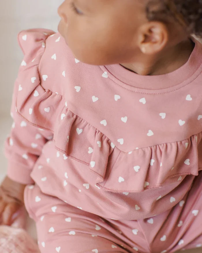 Quincy Mae Ruffle Sweatshirt - Lipstick Hearts