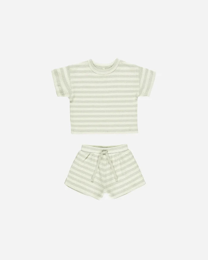 Quincy Mae Waffle Tee & Shorts Set - Mint Stripe