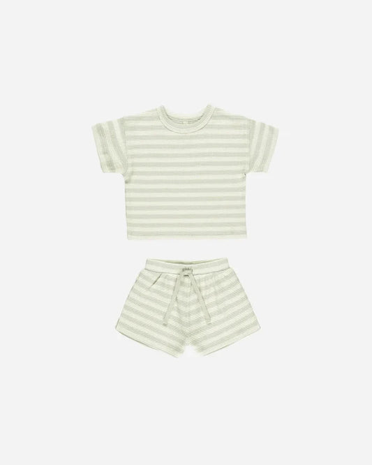 Quincy Mae Waffle Tee & Shorts Set - Mint Stripe