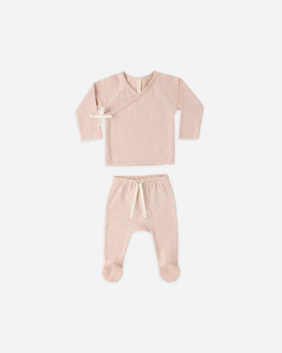Quincy Mae Wrap Top & Footed Pant Set - Melon Micro Stripes