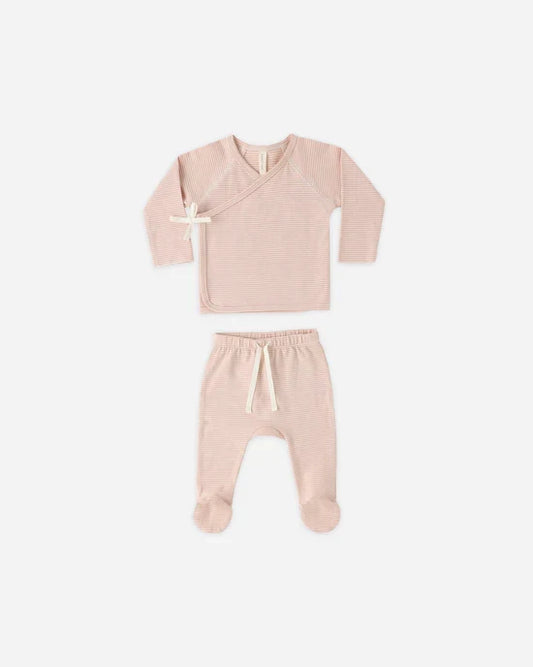 Quincy Mae Wrap Top & Footed Pant Set - Melon Micro Stripes