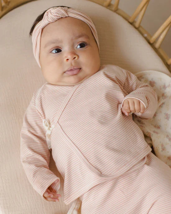 Quincy Mae Wrap Top & Footed Pant Set - Melon Micro Stripes
