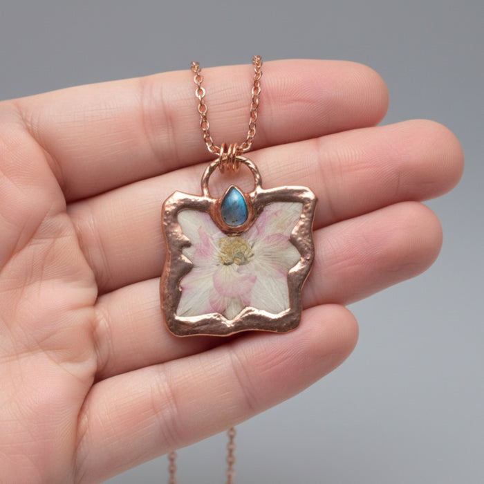 Rainbow Moonstone Necklace Botanical Pink Flower Copper