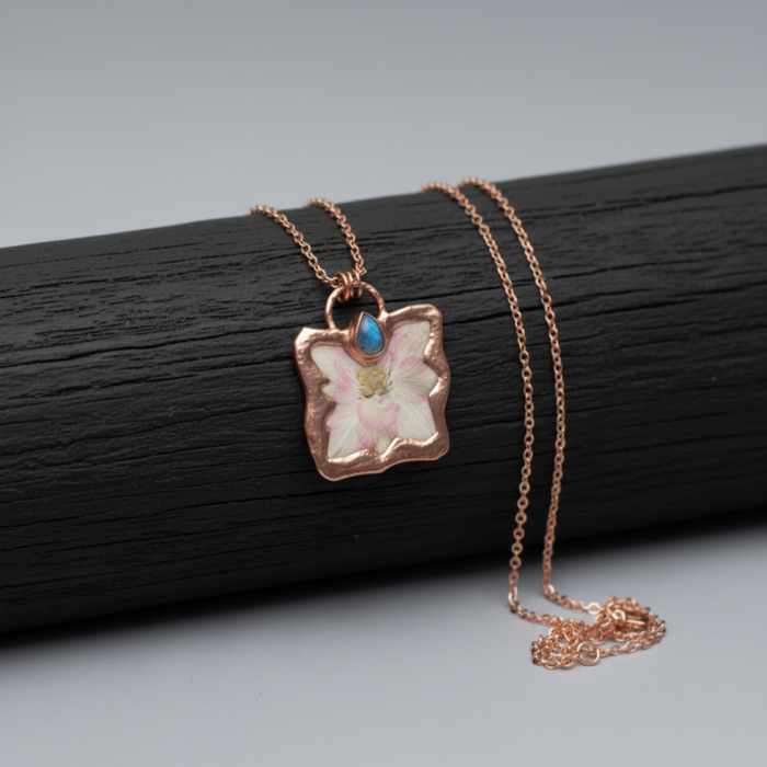 Rainbow Moonstone Necklace Botanical Pink Flower Copper