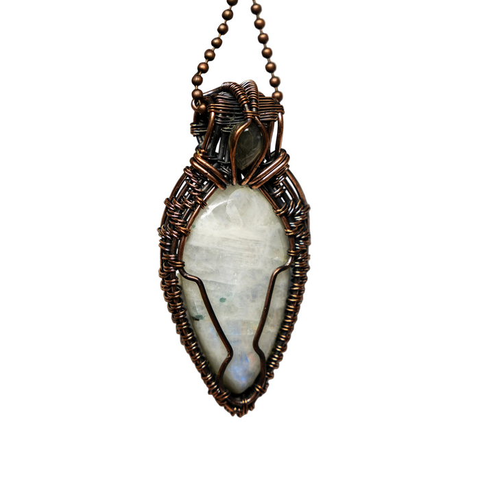 Rainbow Moonstone Pendant Drop of Moonlight Copper