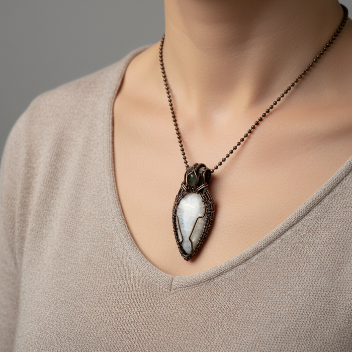 Rainbow Moonstone Pendant Drop of Moonlight Copper