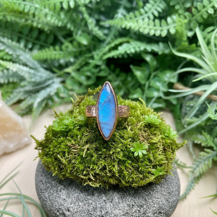 Rainbow Moonstone Ring Blue Flash Gem Copper Size 6