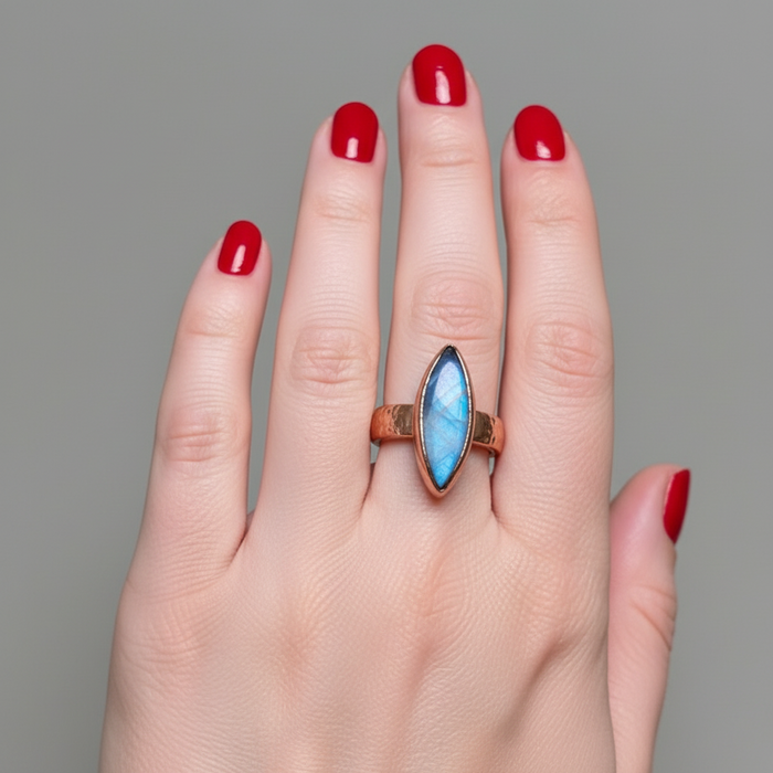 Rainbow Moonstone Ring Blue Flash Gem Copper Size 6