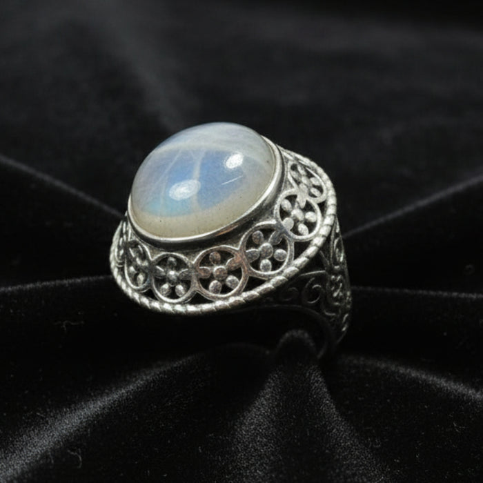 Rainbow Moonstone Ring Flower Sterling Silver Size 6