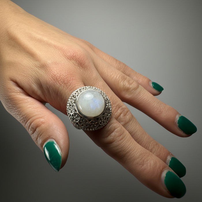 Rainbow Moonstone Ring Flower Sterling Silver Size 6