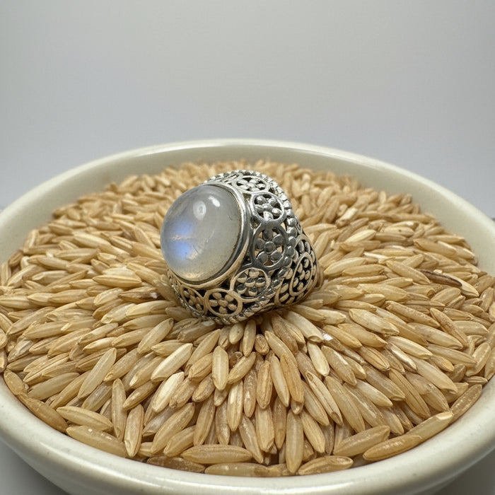 Rainbow Moonstone Ring Flower Sterling Silver Size 6