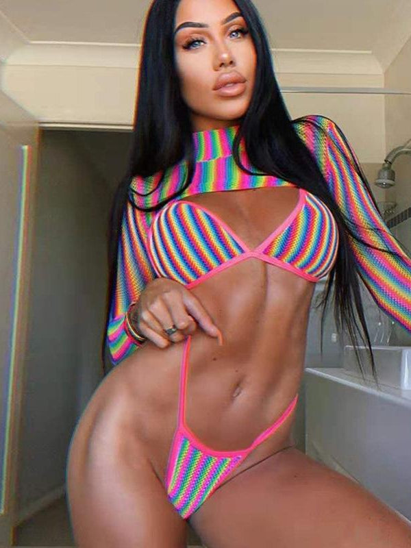 Rainbow Strip Sunscreen Bikini 3-piece Set