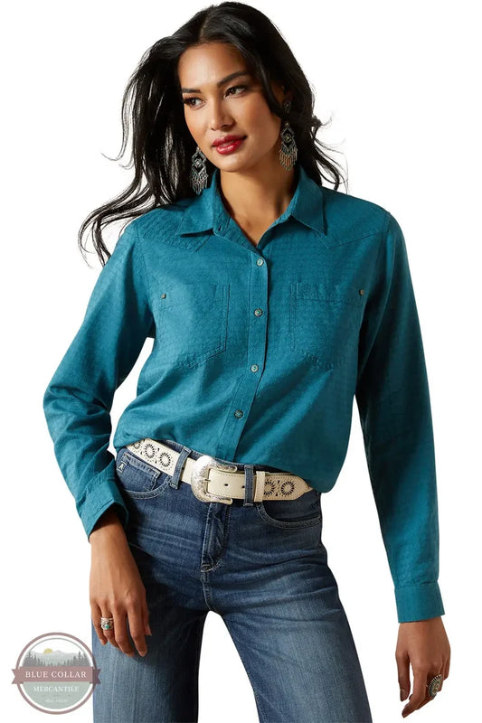 Ariat 10062675 REAL Billie Jeans Tone-on-Tone Long Sleeve Shirt in Turquoise, front